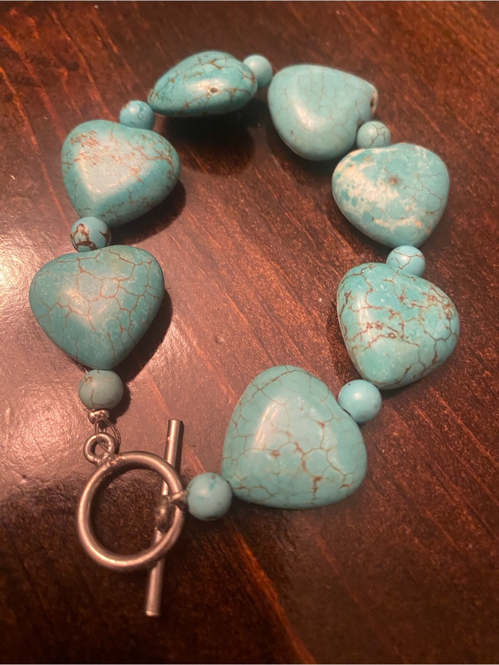 Chunky Large Heart & Round Turquoise Howlite Bead Bracelet With Sterling Clasp